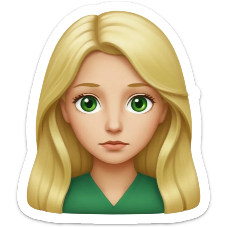 blonde with long hair and green eyes, thoughtful, iOS Apple emoji style sticker