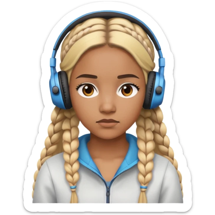 "- Nữ
- 20 tuổi
- Da nâu
- Tóc tết 2 bím, tóc vàng
- Đeo tai nghe
- Mặt nghiêm túc
" sticker