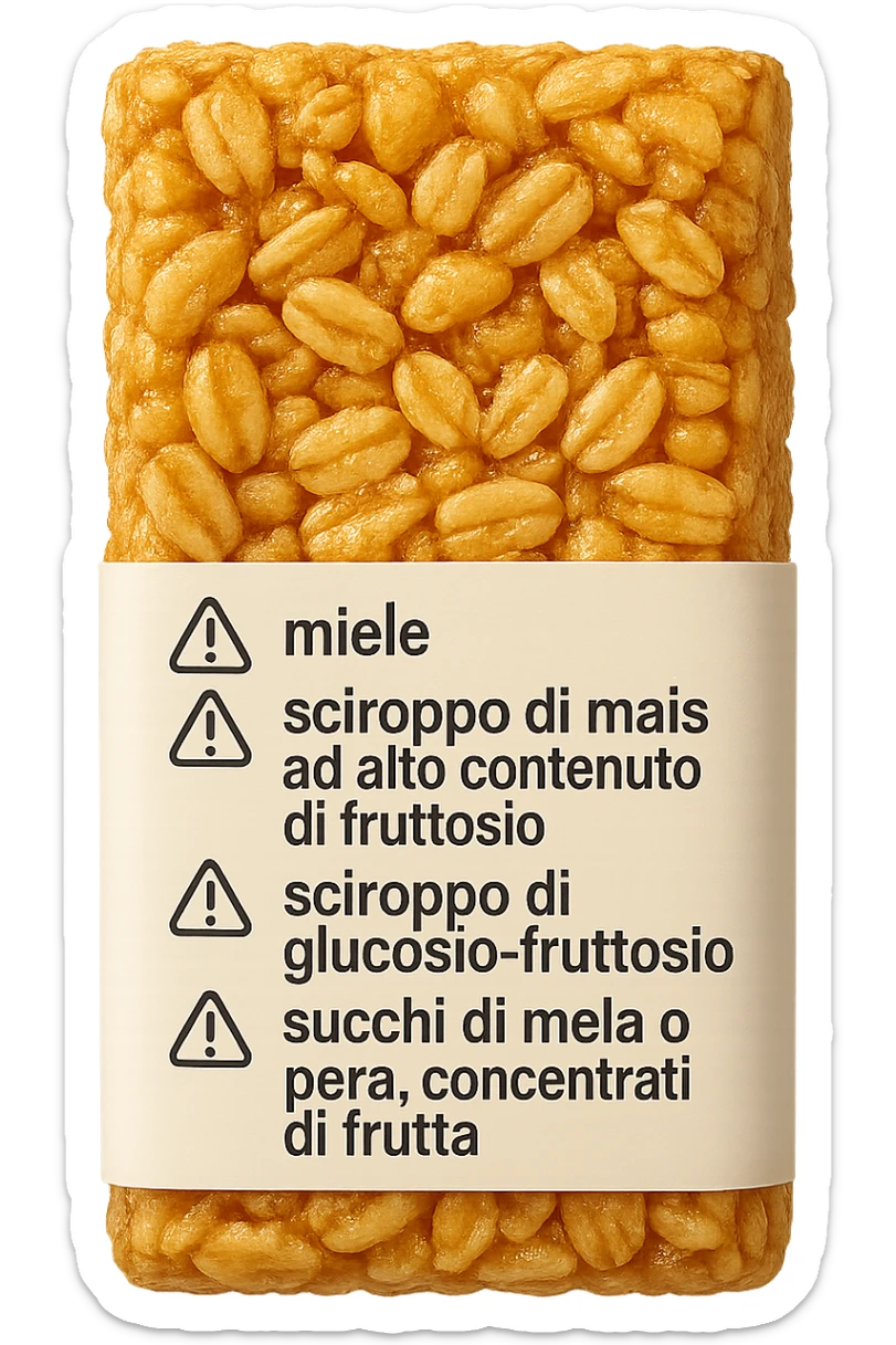 SU QUESTO STILE FAI UN EMOJI STILE IPHONE 3D DI UNa barretta ai cereali con ETICHETTA CON GLI INGREDIENTI SCRITTI, "miele, sciroppo di mais ad alto contenuto di fruttosio, sciroppo di glucosio-fruttosio, succhi di mela o pera,
concentrati di frutta" accanto ad ogni nome scritto mettici un segnale di allarme, FALLO MOLTO REALISTICO IN 3D sticker