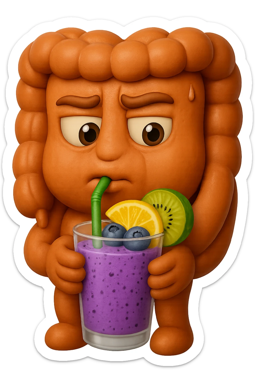 EMOJI STILE IPHONE DI un intestino umano anatomico che beve un frullato di mirtilli, ananas, kiwi, fagli anche la parte bianca degli occhi, non solo le pupille, REALISTICo 4K sticker