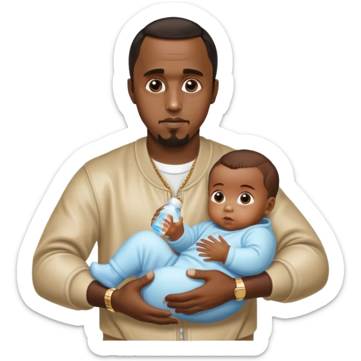P.diddy holding a baby in one hand a baby oil in the other hand sticker