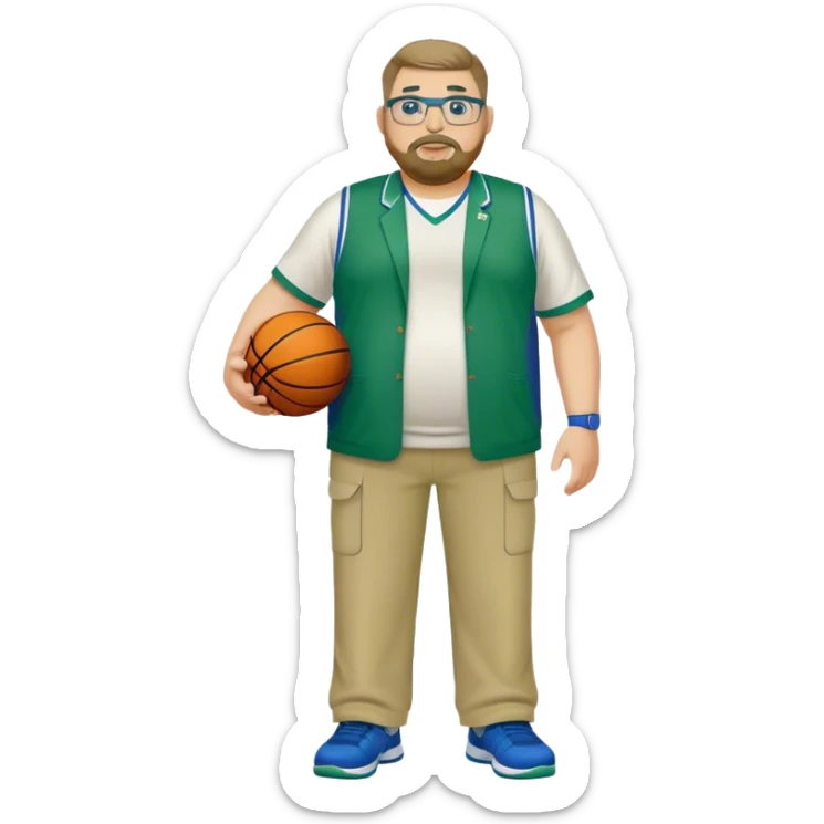 full body white obese male basketball coach with trophy. Goatee , Wearing glasses and blue and green polio and khaki pants sticker