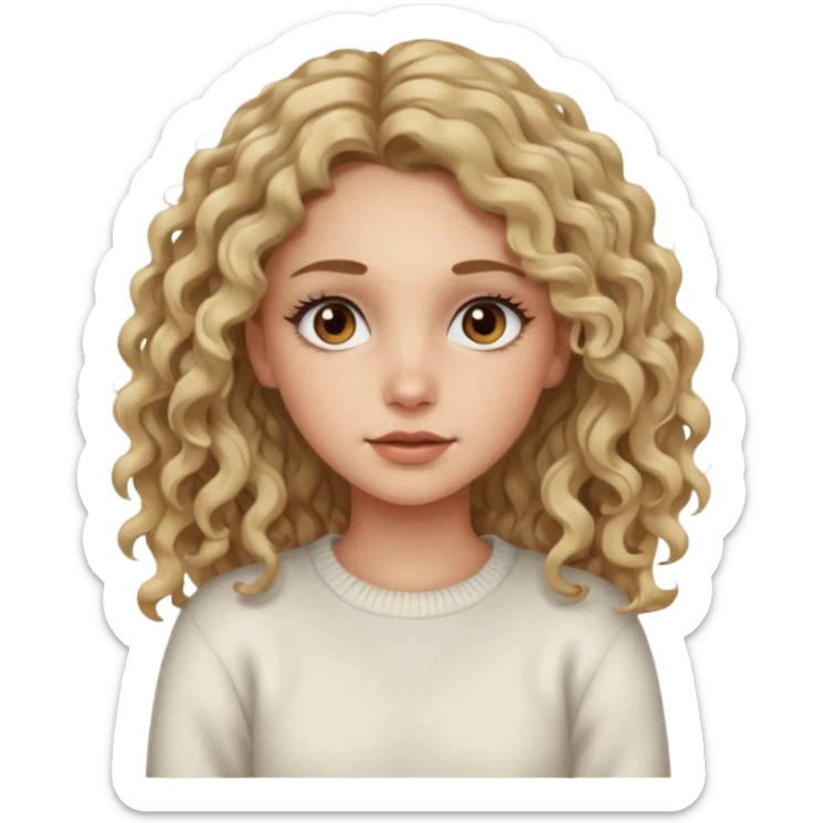 a dirty blonde girl with brown eyes and make her wearing a white sweater and  with really long curly hair and white skin color, long hair and really big lashes sticker