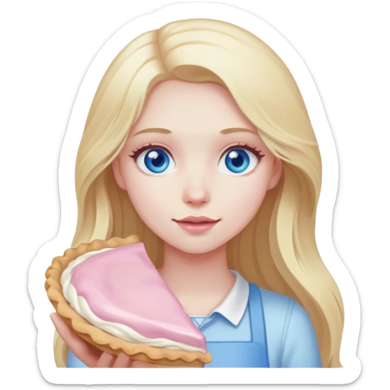 Blonde girl with pale skin and long hair and blue eyes with a light pink pie  sticker
