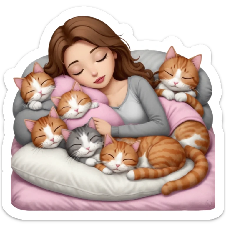 girl with long wavy brown hair, brown eyes, long lashes makeup, sexy pink lips, light to medium complexion,  sleeping on a cozy pillow, with 6 cats: 1 brown and white tabby cat, 1 ginger and white, 2 grey and white, 1 grey with white mittens and small white patch on chest and 1 calico, sleeping sticker