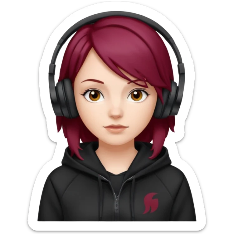 white girl with burgundy hair, black deportive hoodie and black headphones sticker