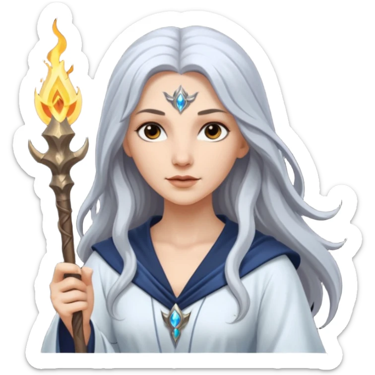 White silver Long Haired Women, Sorceress with staff — flowing white hair, calm face. sticker