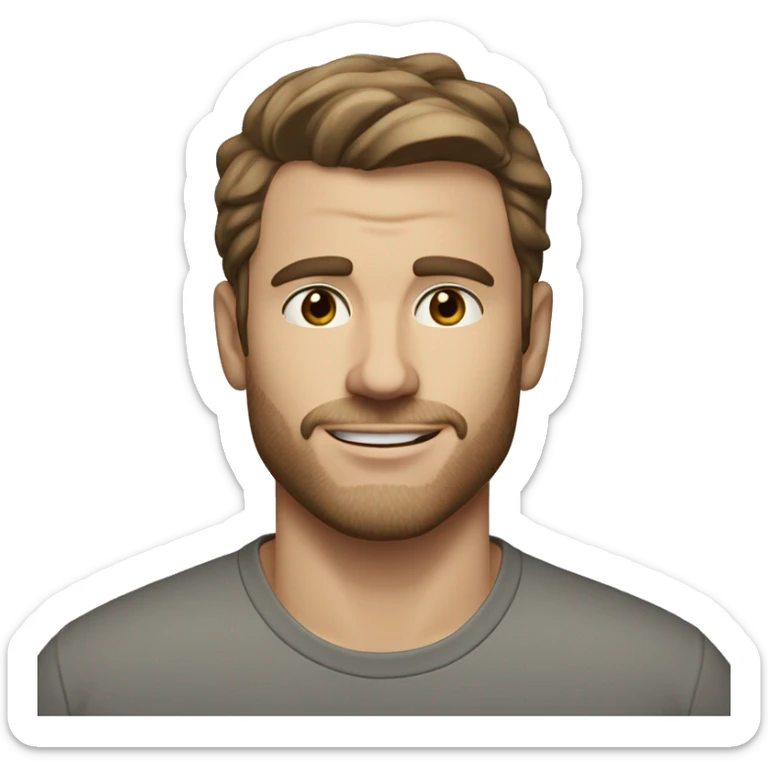 A head and shoulders shot of a 32 year old white man, with short brown hair, with none facial hair,   with brown eyes wearing a t-shirt. sticker