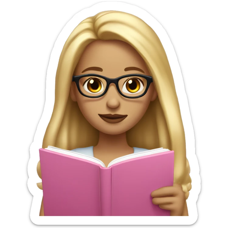 Girl with long blonde hair and rosy lips and glasses reading a pink book sticker