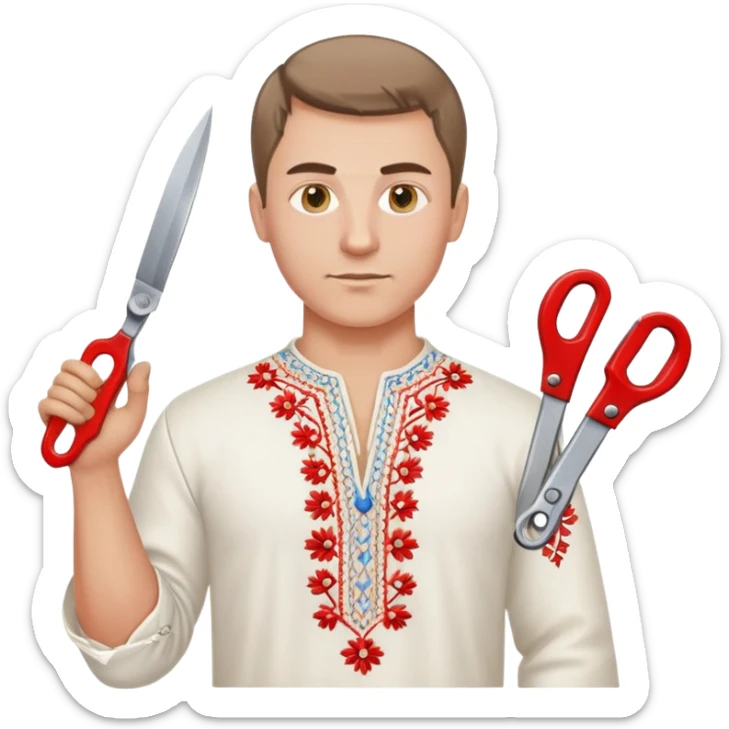 A Ukrainian man wearing traditional white embroidered vyshyvanka shirt holding red scissors in one hand and a spanner/wrench in the other hand sticker