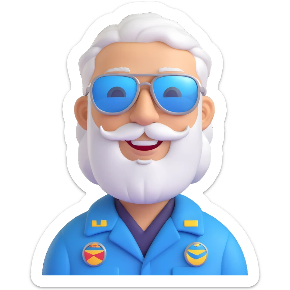 middle-aged male pilot, white skin, silver hair, beard, smiling, wearing sunglasses, bright friendly detailed 3D cartoon style similar to Apple emoji style sticker