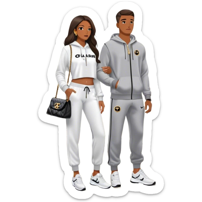 Realistic Man living his dream standing in the master bedroom of a mansion. He’s boo’d up with a pretty Brownskin big booty woman wearing a Chanel outfit and Bvlgari watch with her holding a Chanel bag. The man has on a Nike Tech Fleece sweatsuit. The man isn’t holding a bag sticker