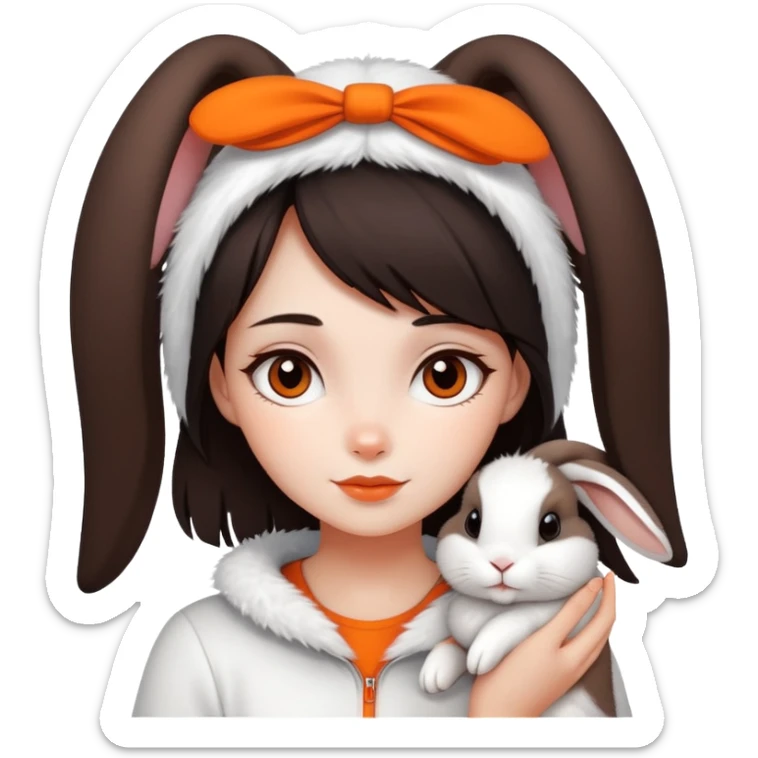 Dark brown hair girl with her white hair rabbit. The rabbit has a orange line in its head sticker
