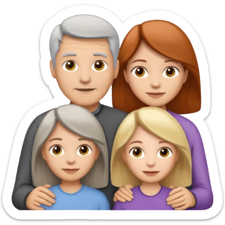 Family emoji showing a family of five. Father has grey hair, mother has mixed grey/brown hair, three daughters with blonde, brunette and redhead hair colors. sticker