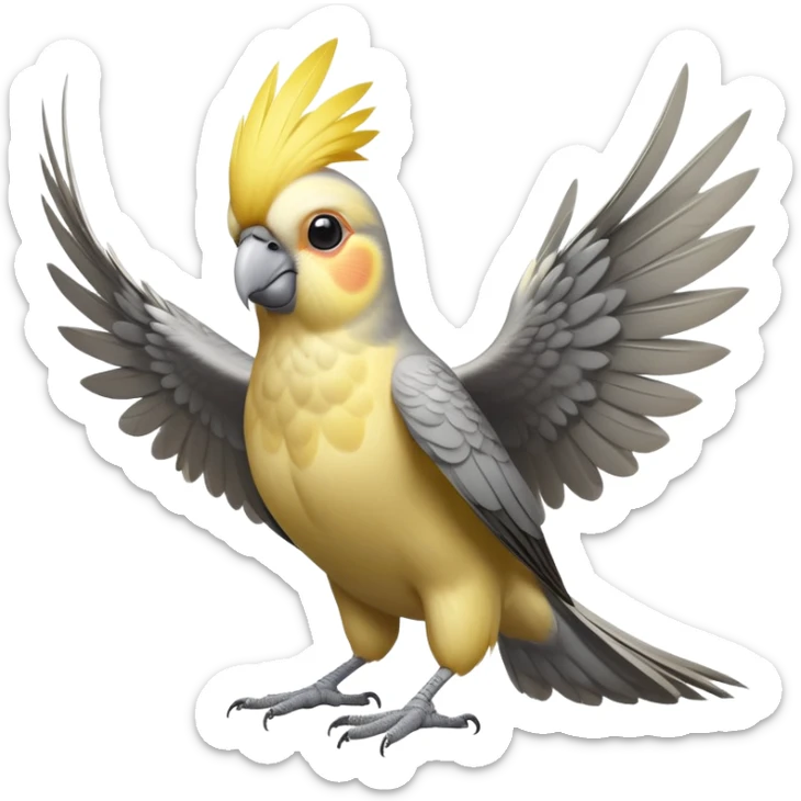 cinematic-[cockatiel]-realistic-full-body-perched-emoji,-wings-tucked-neatly,-head-tilted-dramatically,-sleek-[yellow and grey]-feathers,-simplified-yet-realistic-focused-features,-highly-detailed,-glowing-with-an-almost-sarcastic-glow sticker