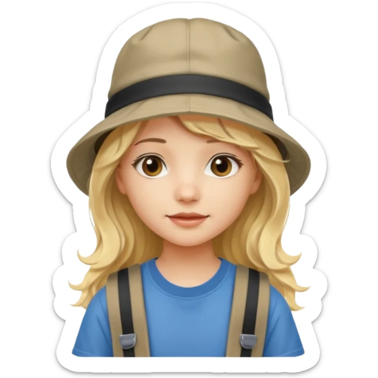 a young student girl with the backpack with bucket hat, blonde wavy long hair sticker