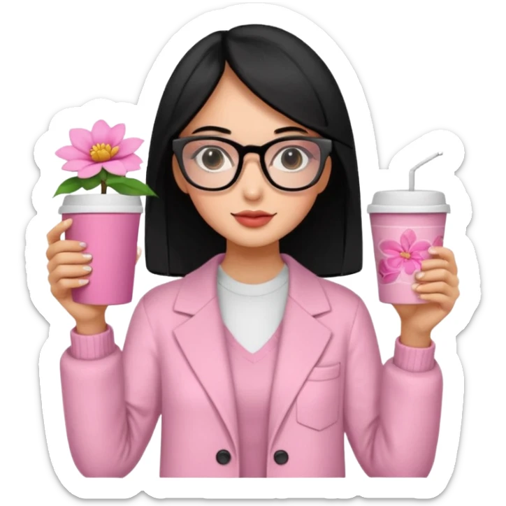 Chica de pelo negro ojos negros y piel morena con lentes oversize square con ropa bonita m pantallas pequenas de cristal , en la mano derecha una taza de cafe en color rosa con una flor negra de diseno. Sentada mirando la television. sticker