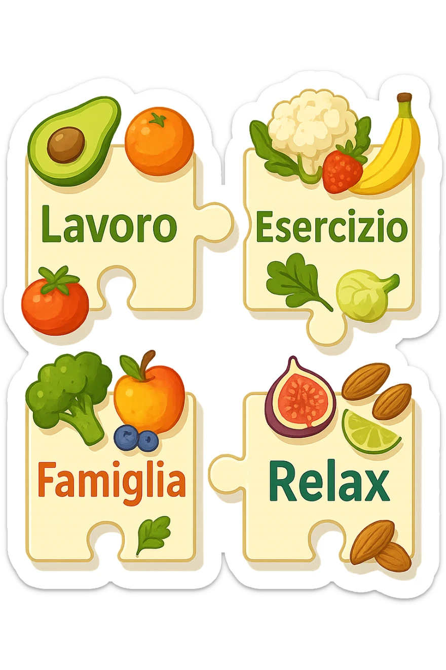 Puzzle (Lavoro, Esercizio, Famiglia, Relax), and healthy foods are integrated into each piece. in italiano sticker