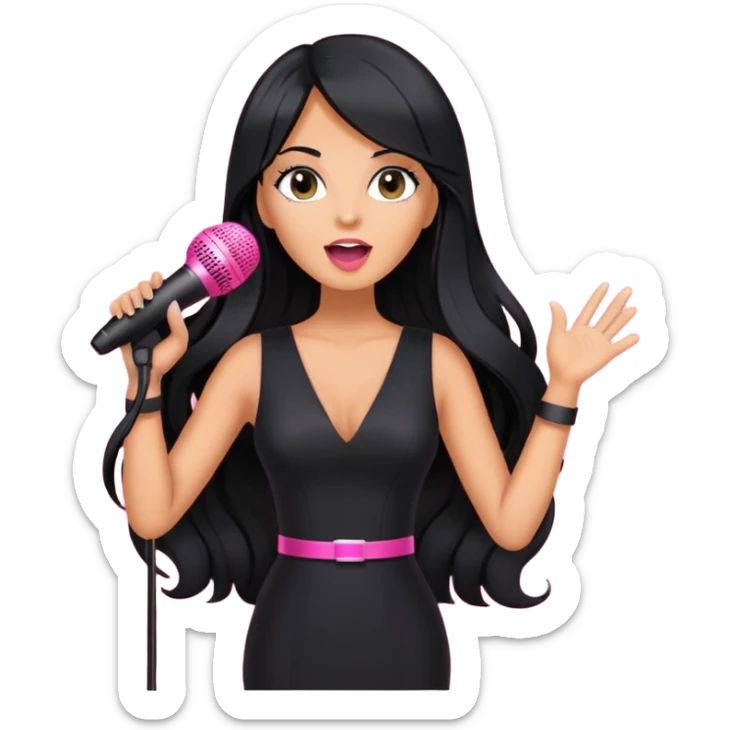pink microphone, music, singing, long black hair tanned woman, black glam dress sticker