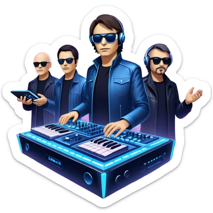 Icon for Electronic Music: Jean-Michel Jarre, Moby, DJ Tiesto, and Jorn van Deynhoven performing with synthesizers, turntables, and futuristic lighting effects. The design should evoke the vibrant and immersive atmosphere of electronic music festivals. Transparent background. sticker