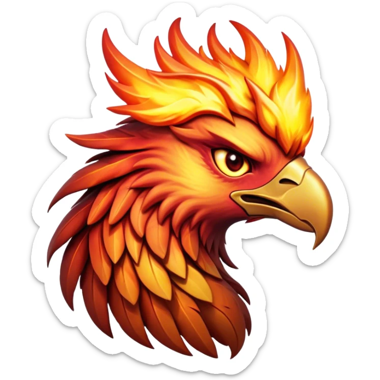 Cinematic Fierce Battle-Hardened Mystical Fire Phoenix Portrait Emoji, head tilted with an aggressive, unwavering gaze that speaks of relentless combat. The flame-kissed form is marked by rugged, charred feathers and vivid battle scars. Its blazing eyes radiate raw intensity and steely resolve, rendered with lifelike detail and stark natural lighting, high shine, channeling an aura of unyielding warlike energy and valor, softened by a dynamic glowing outline that highlights its battle-earned ferocity. sticker