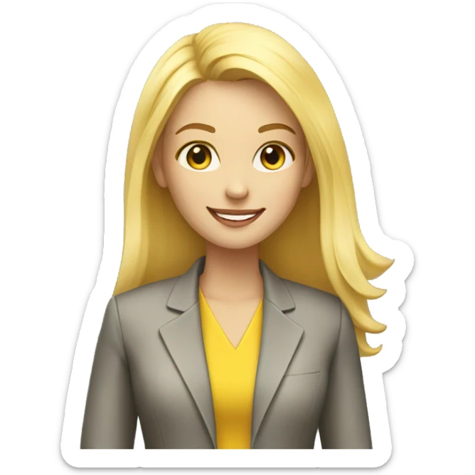 a beautiful girl wearing a yellow suit jacket. she has straight and blonde hair and she is smiling. she has a laptop in front of her sticker
