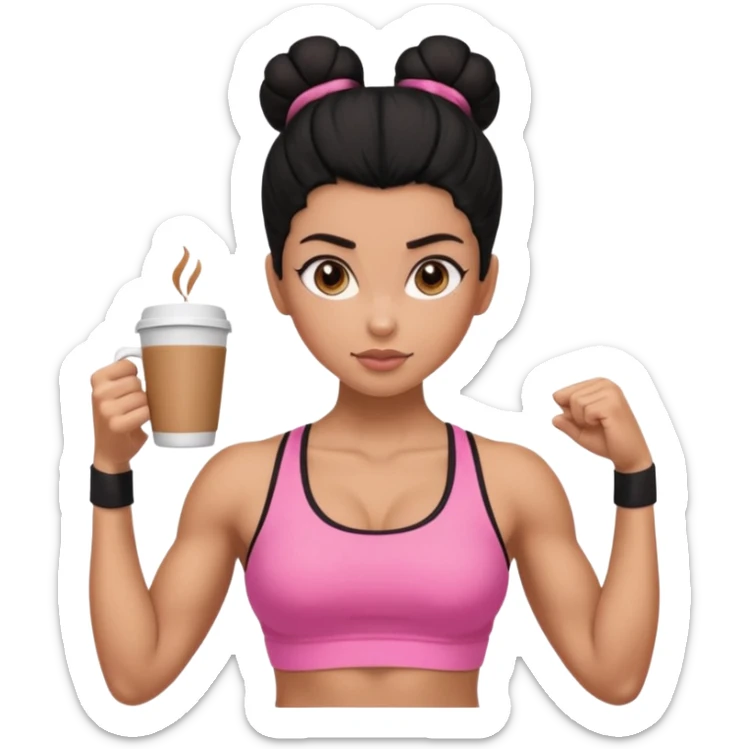 Caramel skinned toned female with a black bun for hair. Her eyes are a coffee color brown and almond shaped. She’s wearing a pink sports bra and showing off her flexed muscular toned biceps. She’s not holding anything in her hands sticker
