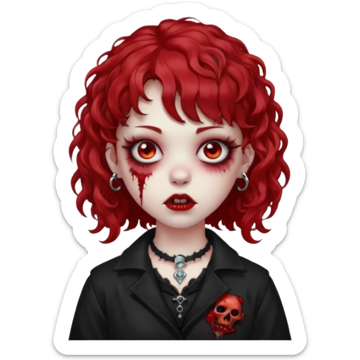 zombie girl red hair cacheado médio e franja, com piercing na boca(labret lateral), roupa gótica  sticker