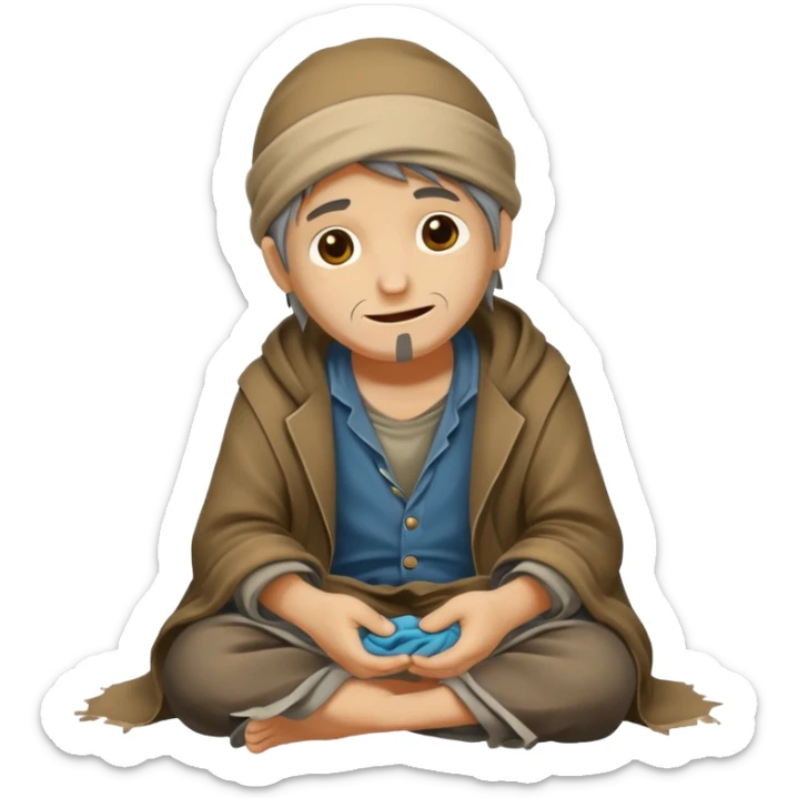 beggar who is also a homeless person poor with damaged clothing but happy face sticker