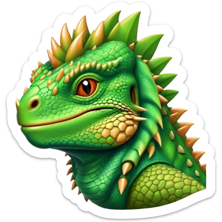 Cinematic Noble Iguana Portrait Emoji, Poised and majestic, with a robust, muscular build and a vibrant, scaly body accented by a prominent spiky crest and keen, observant eyes, Simplified yet sharp and sophisticated features, highly detailed, glowing with a soft, jungle radiance, high shine, intelligent and formidable, stylized with an air of ancient reptilian authority, focused and commanding, soft glowing outline, capturing the essence of a watchful guardian that appears ready to stride out of the screen with effortless might! sticker