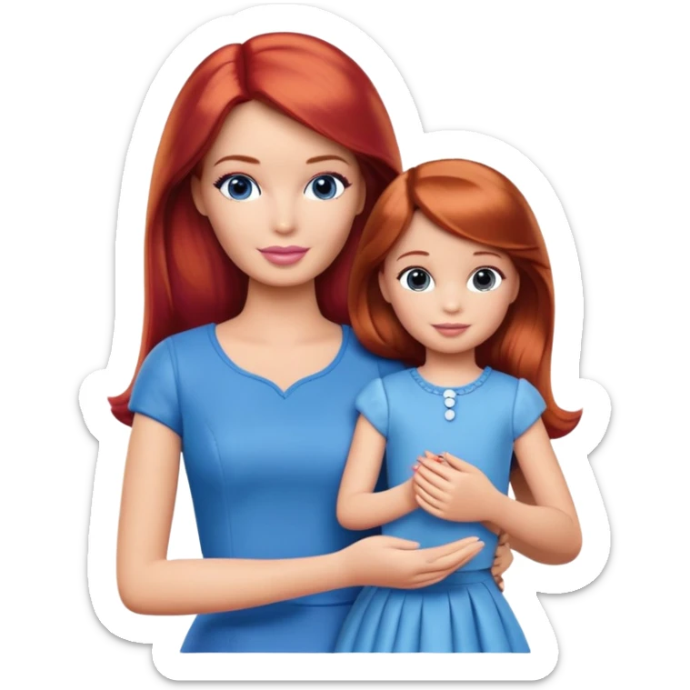 A barbie girl with makeup with brown hair with a child, a daughter, a girl with red hair, holding her hand in blue clothes and a husband, a man with brown hair, a family sticker