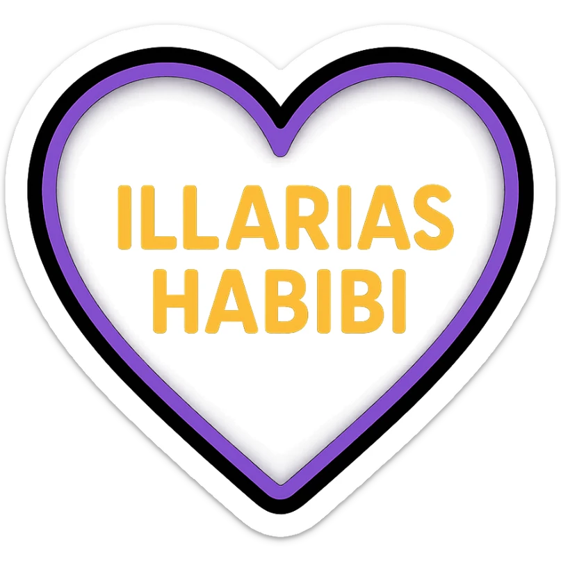 black heart with a purple outline, featuring the words 'Illarias Habibi' in the center sticker