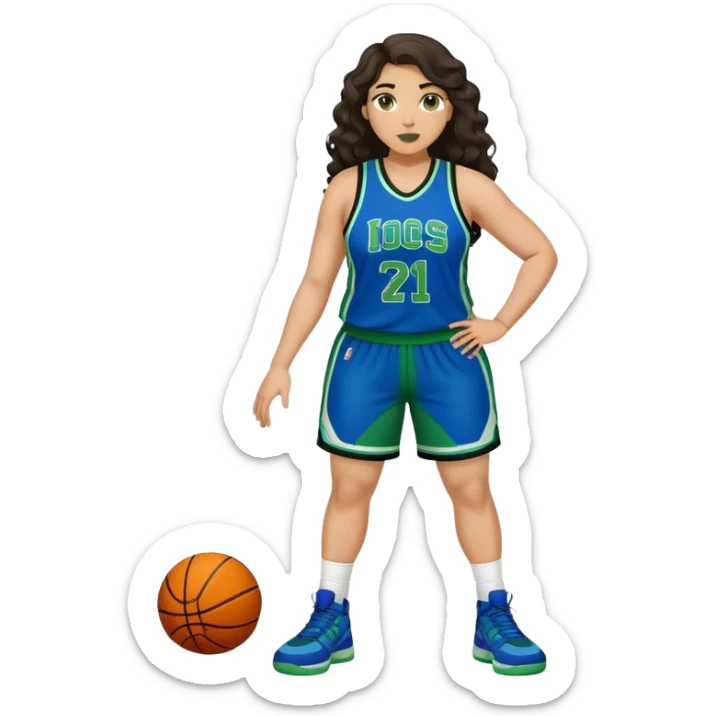 full body plus size light skin latino women basketball player with wavy dark hair large widenose wearing blue and green uniform sticker