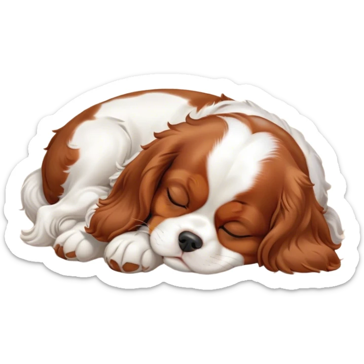 Cinematic Meme-Worthy cute Sleeping Cavalier King Charles Spaniel Portrait Emoji, Head resting peacefully with a contented smile, showcasing a delightfully cute build and a luxuriously soft coat of chestnut and white, eyes shut in a serene nap, Simplified yet hilariously adorable features, highly detailed, glowing with a soft, drowsy light, high shine, relaxed and utterly lovable, stylized with an air of playful laziness, bright and heartwarming, soft glowing outline, capturing the essence of a comically sleepy Cavalier King Charles Spaniel, so meme-worthy it feels like it could instantly become the next viral sensation of adorable slumber! sticker