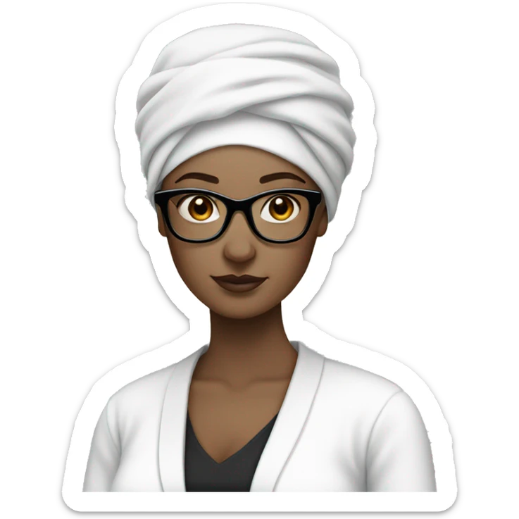 White-skinned woman with black square glasses, white clothes and white turban sticker