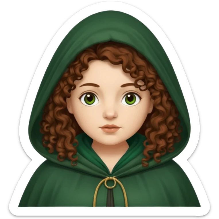 A white woman with a chubby face, with extra long dark auburn hair, cloaked and hooded like she's a Traitor in the tv show 'The Traitors'. her hair is frizzy curly, not with defined curls, and the robe is a very dark green/almost black color sticker