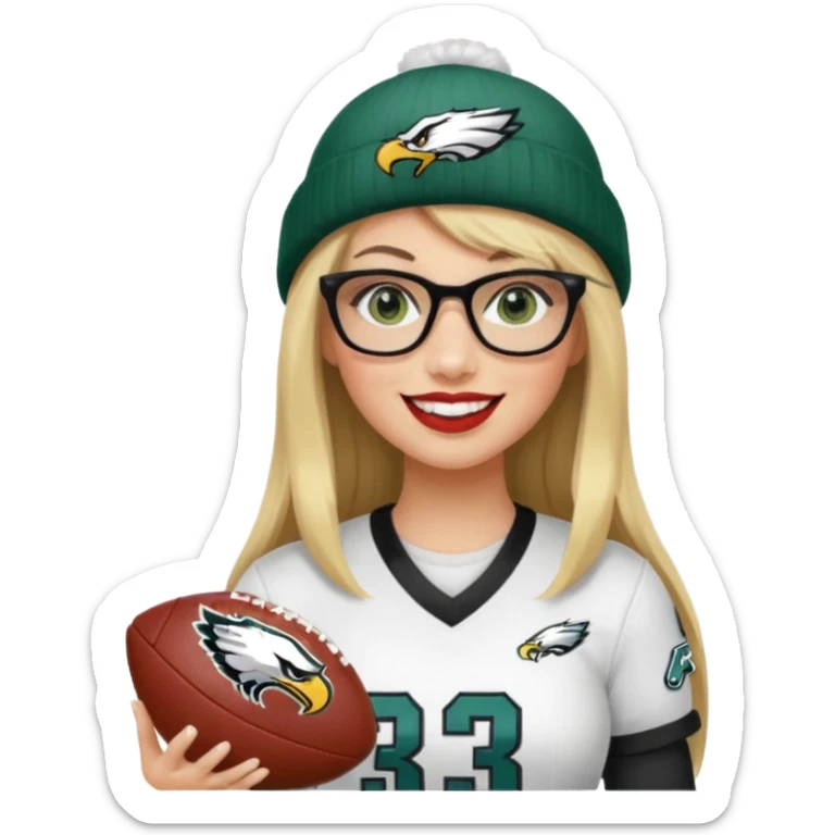 full length women wearing eagles uniform, long straight blonde hair, straight bangs, green eyes, black rectangle glasses, holding football, number 33, smiling, lipstick, eagles beanie sticker