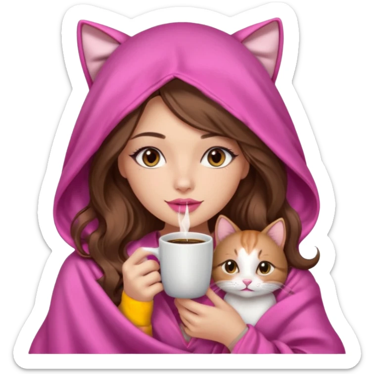 girl with long wavy brown hair, brown eyes, long lashes makeup, sexy pink lips, light to medium complexion, wearing a pink sexy silk top, big blanket over the head cozy holding a cat,  drinking coffee sticker