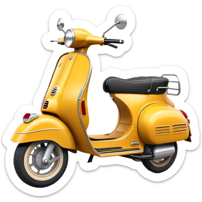 Cinematic Realistic Vespa Scooter Emoji, depicted as a stylish vintage Vespa with sleek retro design and vibrant colors, rendered with crisp textures and dynamic sunlit lighting that captures its iconic Italian charm. sticker