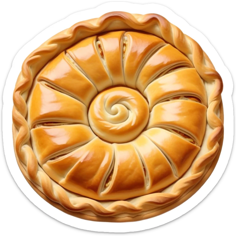 cinematic-realistic-burek-sa-sirom-dish-emoji,-showcasing-a-flaky-pastry-filled-with-cheese-rendered-with-crisp-textures-and-appetizing,-warm-lighting. round spiral\ sticker