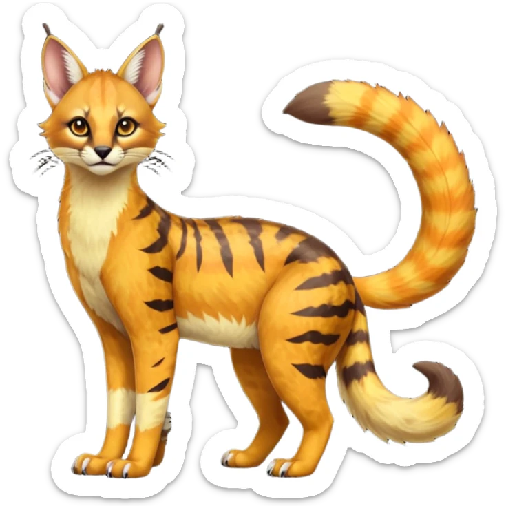 Dark gloomy orange-golden-yellowish-beige-gradients colorful painted marked patterned Asian glorious divine exotic cute cool beautiful shiny beautiful fantasy-caracal-civet-genet-sergal-vernid-Cacomistle-oncilla-animal-Fakémon-hybrid-fursona (full body) sticker