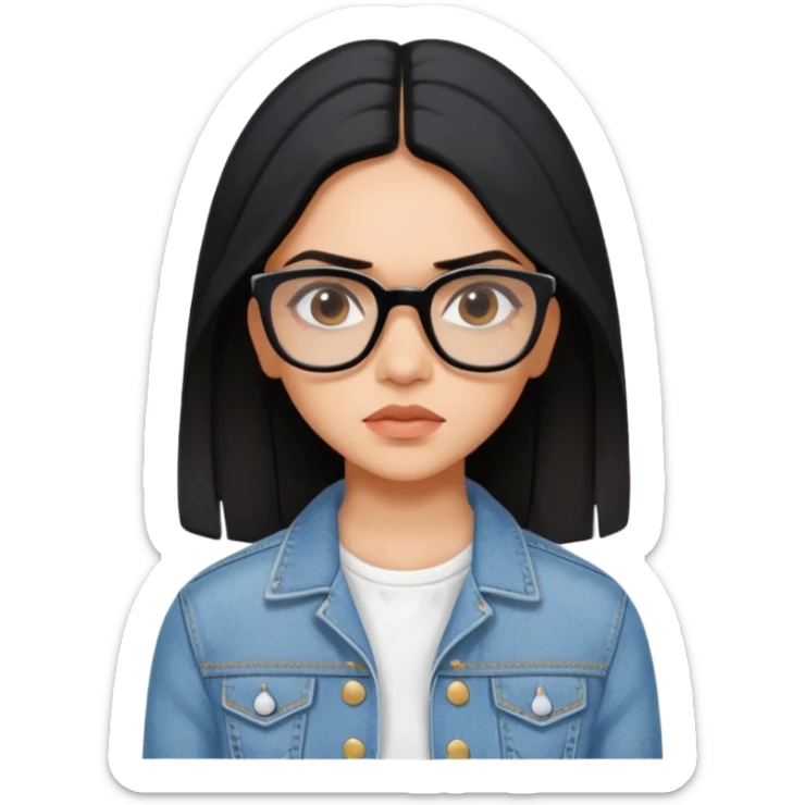 generate a pretty bratz emoji 
Make her wear a white dress with a denim jacket over it. black hair side part 

She should look exactly  like Deepika padukone! wearing tiny rectangular spectacle, looking sad sticker