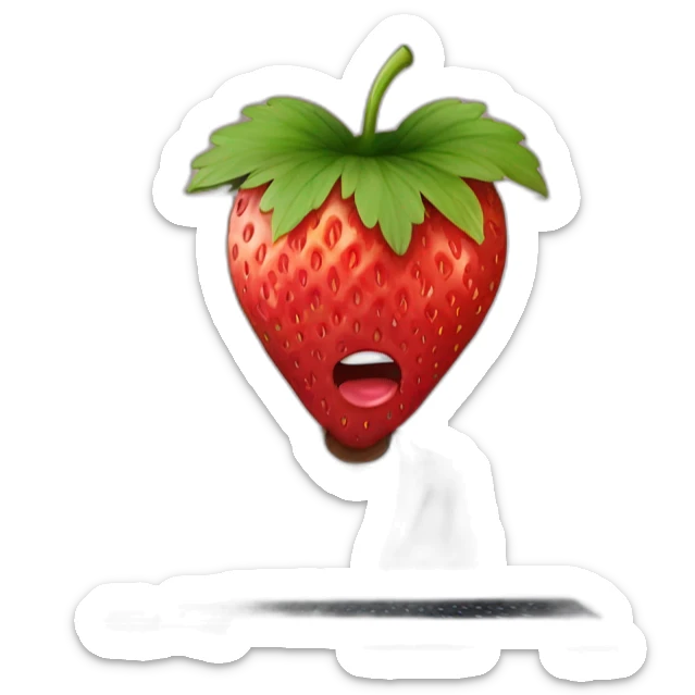 a strawberry with the body of a man with eyes a mouth a nose and everything else the strawberry is in front of a mac laptop with a mask that hides his eyes so that we don't recognize his face sticker