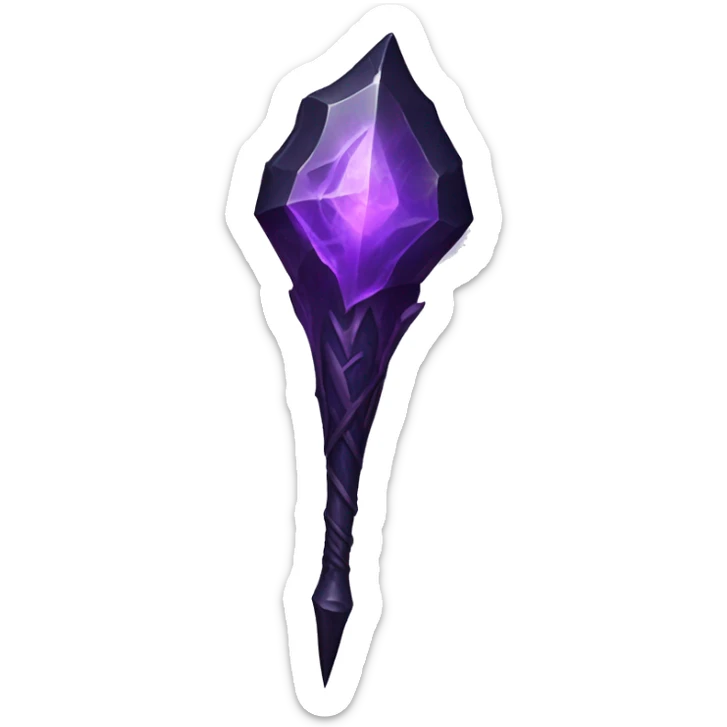 The spear is black with purple accents, a jagged, crystalline head with veins, and a spiraling shaft. Ethereal purple energy surrounds the tip, giving it a powerful, cursed presence. sticker