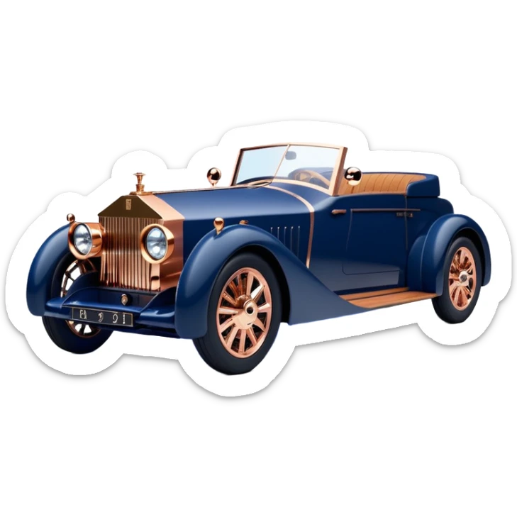 dark blue led lights on a hot rodded delicately inlaid rose gold and wood accentuated chauffeur driven 1889 Rolls Royce with futuristic electric spaceship plasma motors and dynamos with wide racing wheels that are held strong by advanced suspension and steering sticker