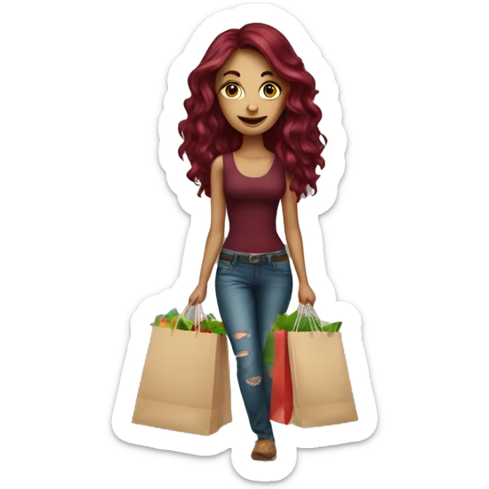 Beautiful tattooed burgundy long haired woman carrying a lot of shopping bags sticker