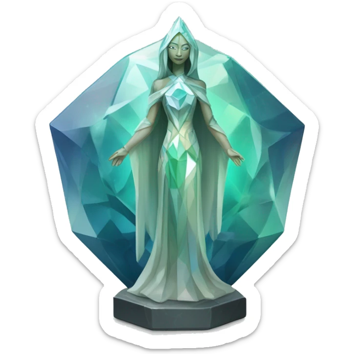 crystal sculpture oracle priestess with a geometric faceted design with disney features. Oracle of delphi is sparkling and standing upright on a base with angular and flower features. The blues neutrals and greens highlights the sharp edges and planes.  sticker