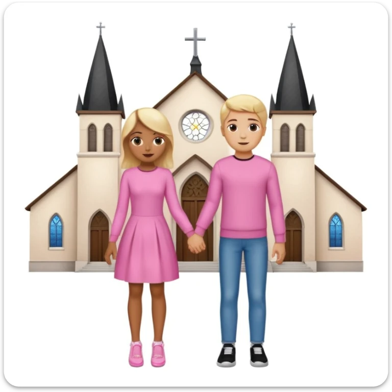 Una pareja de novios van tomados de la mano ella es rubia de ojos carmelitas piel blanca vestido rosado y tacones el muchacho es de piel morena ojos negros un pullover blanco pantalón de mezclilla y tenis blancos el fondo es una iglesia  sticker