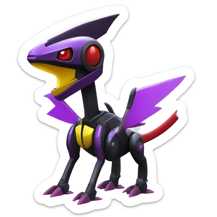 a shiny black-purple-red-yellow Genesect-Flygon-Raptor-Fakémon-Medabot-hybrid with a futuristic visor-helmet full body sticker