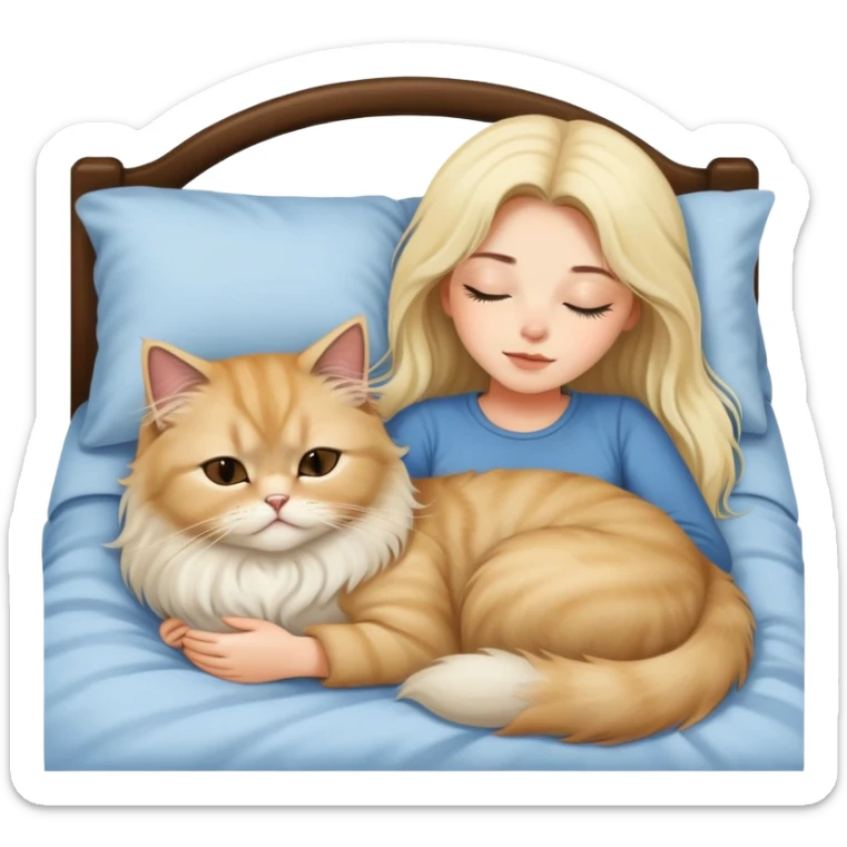 pretty girl with dark long hair sleeping with blonde fluffy  persian cat in bed sticker